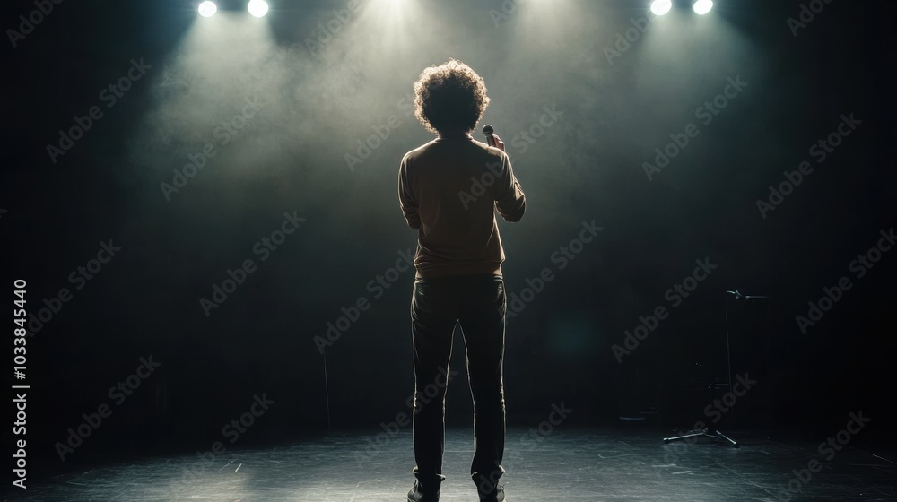 Fototapeta premium Comedian with curly hair standing under spotlight on a dark stage, holding microphone with a confident pose