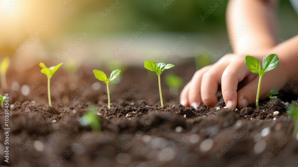Child's hand planting seeds in rich soil with green sprouts emerging. Child's hand planting seeds in rich soil with green sprouts emerging.