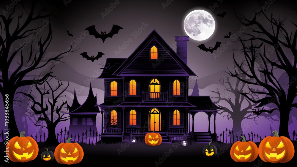Spooky Halloween background with haunted house, eerie trees, glowing pumpkins, bats, and full moon. Dark, ominous atmosphere in black, purple, and orange. Spooky Halloween background with haunted house, eerie trees, glowing pumpkins, bats, and full moon. Dark, ominous atmosphere in black, purple, and orange.