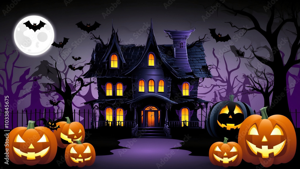 Spooky Halloween background with haunted house, eerie trees, glowing pumpkins, bats, and full moon. Dark, ominous atmosphere in black, purple, and orange. Spooky Halloween background with haunted house, eerie trees, glowing pumpkins, bats, and full moon. Dark, ominous atmosphere in black, purple, and orange.