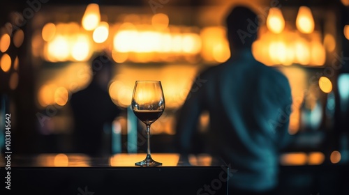 Man with a glass in front of a modern bar, dim light, evening atmosphere, silhouettes of other patrons blurred in the background