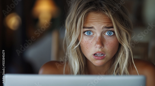 Free Download A young woman with tousled hair expresses shock while staring at her laptop screen in a warmly lit indoor environment - GFXLoad