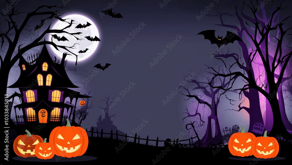 Fototapeta premium Spooky Halloween background with haunted house, eerie trees, glowing pumpkins, bats, and full moon. Dark, ominous atmosphere in black, purple, and orange.