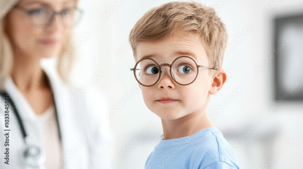 italian boy which are 6 years old with round glasses and blue shirt walks down the aisle in hospital with his mom and dad. italian boy which are 6 years old with round glasses and blue shirt walks down the aisle in hospital with his mom and dad.