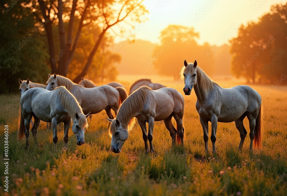 Fototapeta premium White Horses in a Field at Sunset .