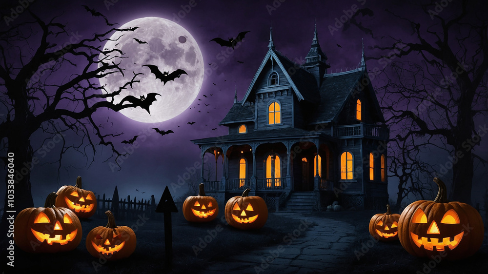 Spooky Halloween background with haunted house, eerie trees, glowing pumpkins, bats, and full moon. Dark, ominous atmosphere in black, purple, and orange. Spooky Halloween background with haunted house, eerie trees, glowing pumpkins, bats, and full moon. Dark, ominous atmosphere in black, purple, and orange.