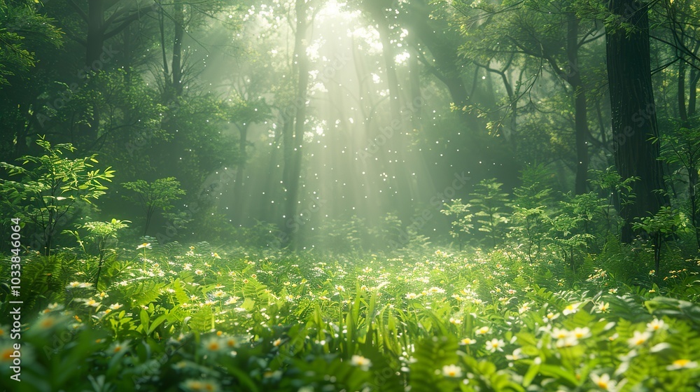 Sunbeams Through a Lush Green Forest Sunbeams Through a Lush Green Forest