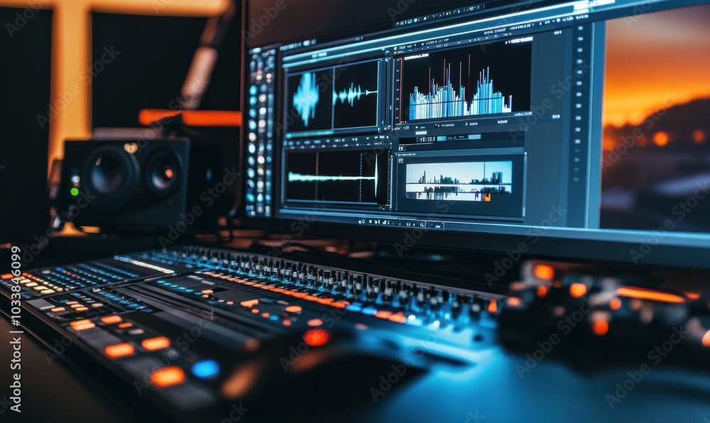 Professional Audio Editing Workspace with Modern Equipment Professional Audio Editing Workspace with Modern Equipment