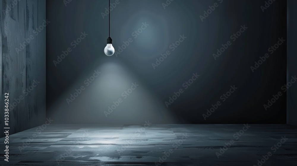 Dark empty room with single flickering light bulb casting long shadows, emphasizing absence of power and eerie atmosphere, minimalist setting with focus on light bulb's glow.