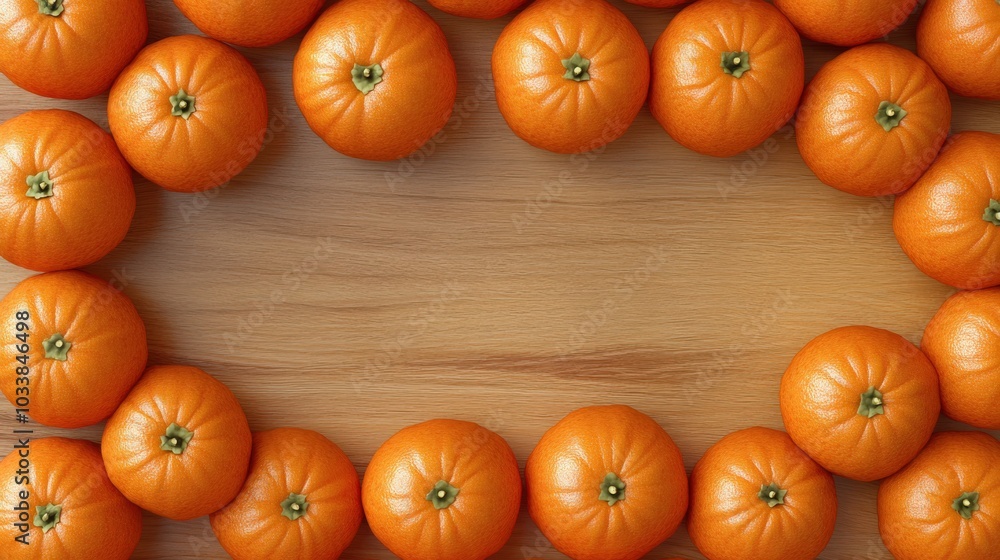 A top view arrangement of juicy oranges forming a border around a wooden table. A top view arrangement of juicy oranges forming a border around a wooden table.