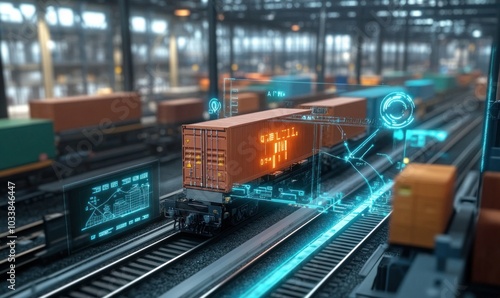 Futuristic Freight Train in Industrial Warehouse