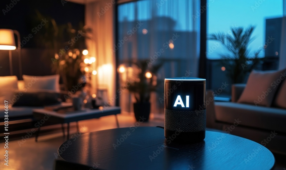 Smart Speaker in Modern Living Room at Dusk Smart Speaker in Modern Living Room at Dusk