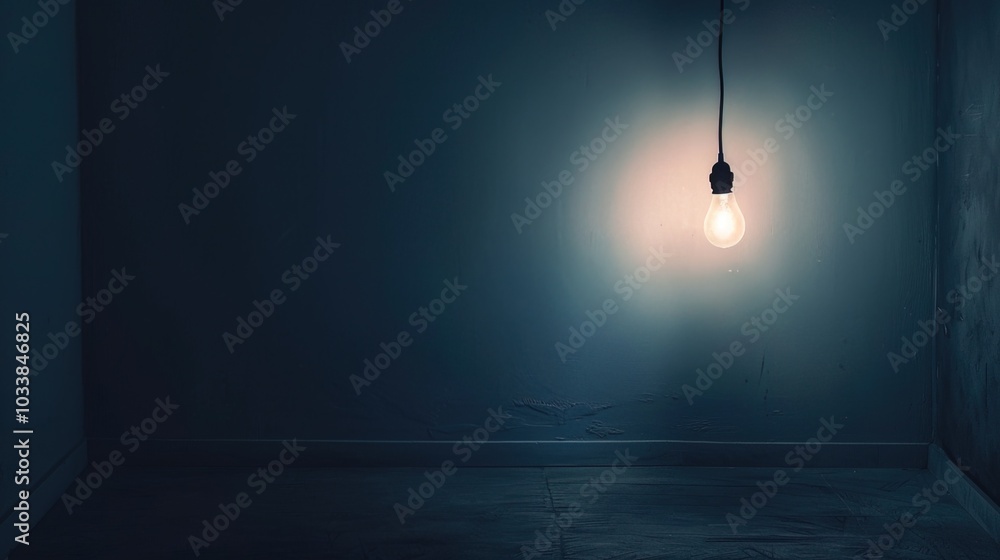Dark empty room with single flickering light bulb casting long shadows, emphasizing absence of power and eerie atmosphere, minimalist setting with focus on light bulb's glow. Dark empty room with single flickering light bulb casting long shadows, emphasizing absence of power and eerie atmosphere, minimalist setting with focus on light bulb's glow.