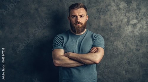 Bearded man with crossed arms in a casual t-shirt, standing against a textured wall, subtle gradient lighting his face