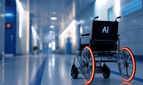 AI-Driven Wheelchair in Futuristic Hospital Corridor