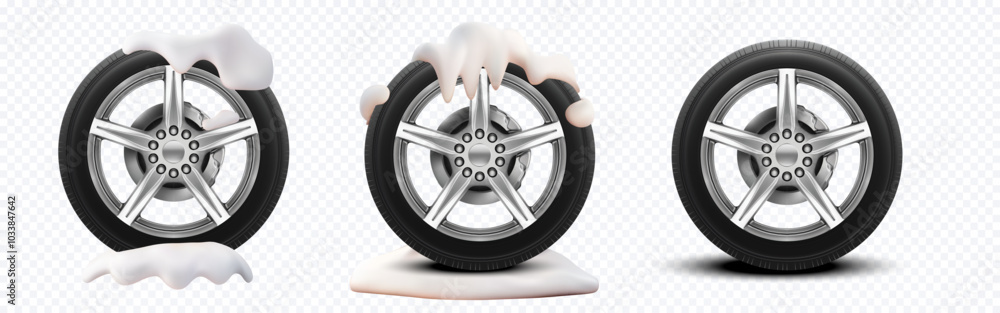 Set of car wheels partially covered with snow, representing winter conditions and cold weather. Ideal for concepts of automotive safety, winter tires, and seasonal vehicle maintenance Set of car wheels partially covered with snow, representing winter conditions and cold weather. Ideal for concepts of automotive safety, winter tires, and seasonal vehicle maintenance