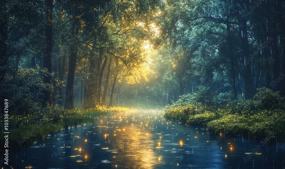 Serene Forest Stream with Golden Sunlight Serene Forest Stream with Golden Sunlight