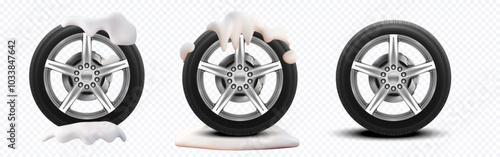 Set of car wheels partially covered with snow, representing winter conditions and cold weather. Ideal for concepts of automotive safety, winter tires, and seasonal vehicle maintenance