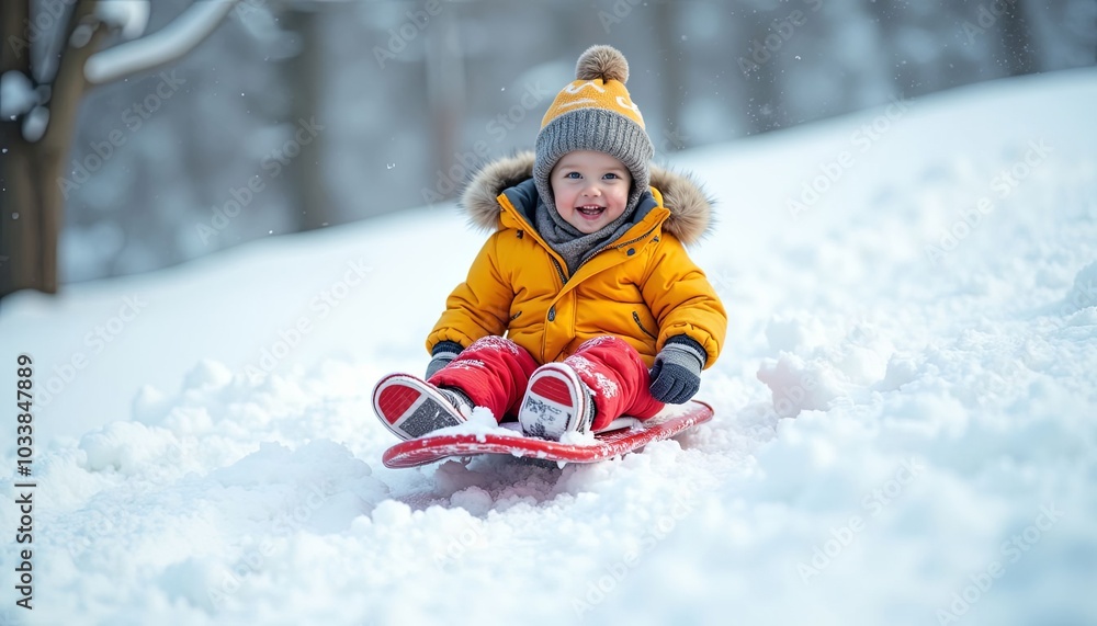 Joyful child with gleeful expression sledding down snowy hill against winter forest backdrop Joyful child with gleeful expression sledding down snowy hill against winter forest backdrop