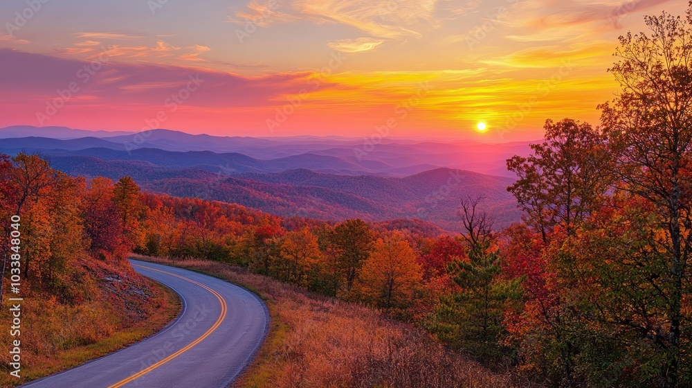 Golden Sunlight Fading into Hues of Orange and Pink Above a Winding Road Golden Sunlight Fading into Hues of Orange and Pink Above a Winding Road