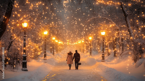 A couple strolls through a snowy park filled with glowing lights, creating a romantic atmosphere on a chilly winter night