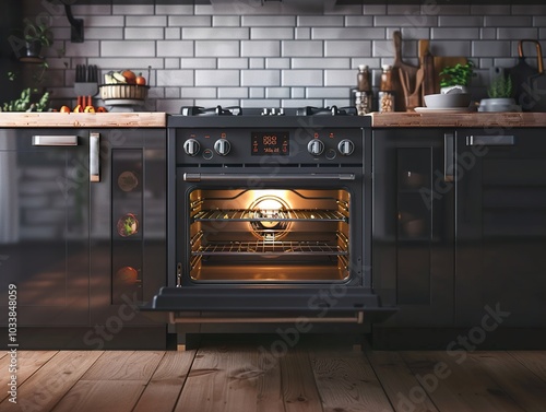 Modern Black Kitchen with Open Oven Door