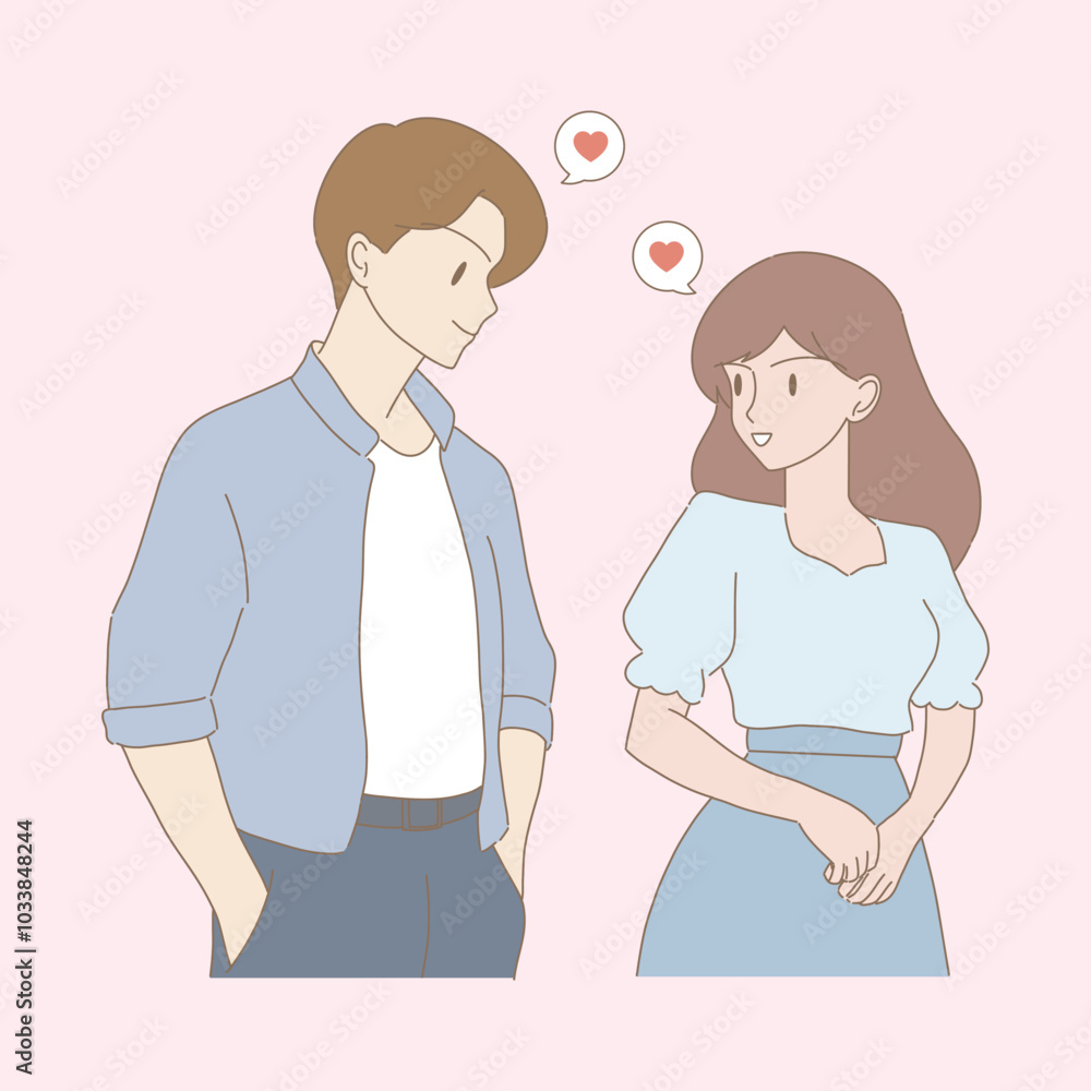 Obraz premium Couple talking with love. Boyfriend and girlfriend looking at each other. Falling in love. Heart shape in speech bubble behind. Hand drawn flat cartoon character vector illustration. 