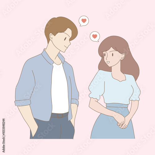 Couple talking with love. Boyfriend and girlfriend looking at each other. Falling in love. Heart shape in speech bubble behind. Hand drawn flat cartoon character vector illustration. 