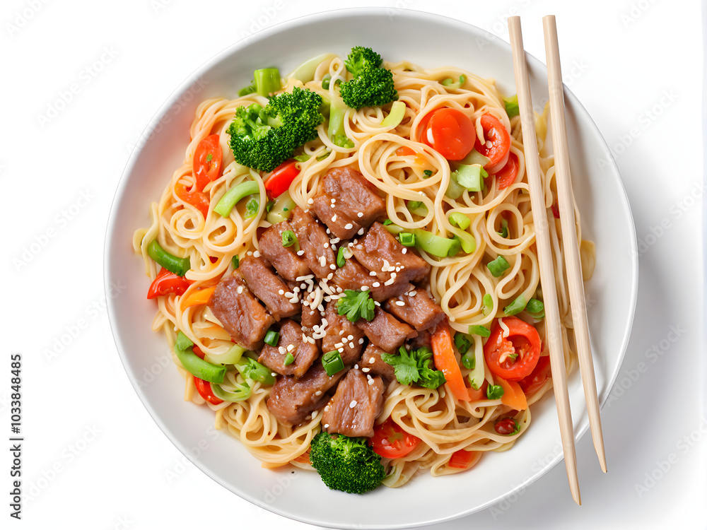 Noodles with meat and vegetables isolated on white background, top view Noodles with meat and vegetables isolated on white background, top view