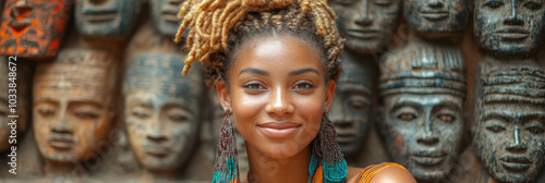 A young woman with braided hair stands confidently in front of intricately carved faces, showcasing her colorful earrings and vibrant outfit