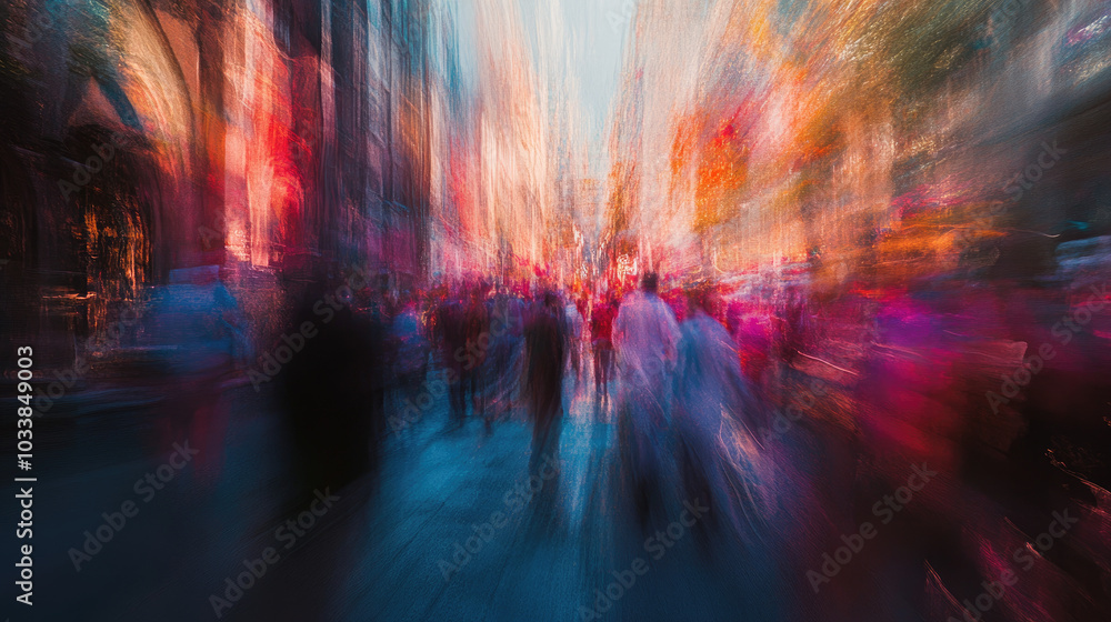 Abstract motion blur of tourists wandering through a city park, with colors blending and streaks of movement. --chaos Abstract motion blur of tourists wandering through a city park, with colors blending and streaks of movement. --chaos