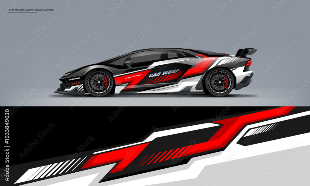 Fototapeta premium Sport racing supercar wrap livery design red and black color combination for universal medium vector eps10 ready to print printable file
