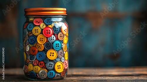 Pile of assorted buttons in a mason jar