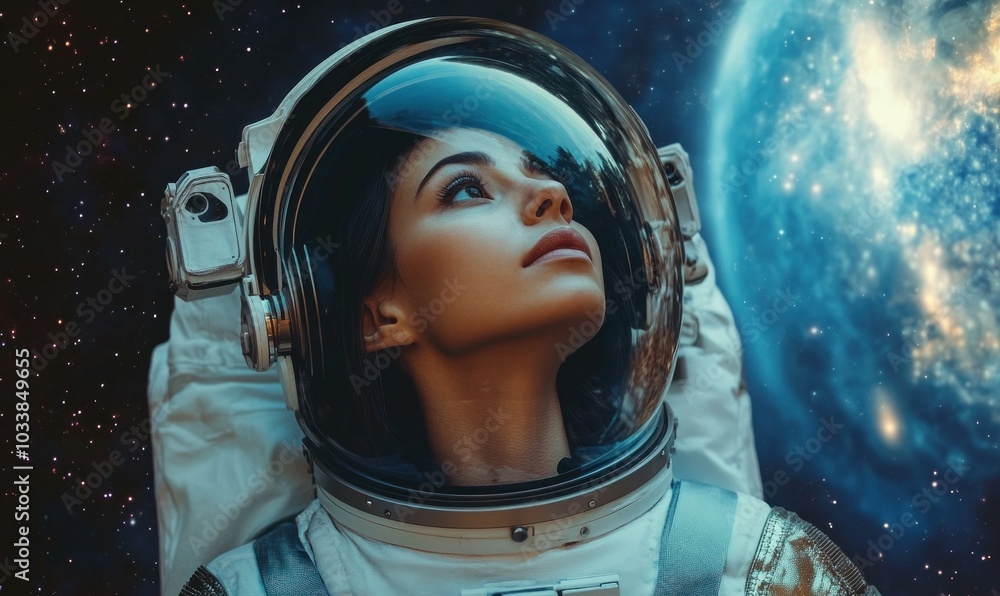 Woman Astronaut Gazing into Space with Earth in Background Woman Astronaut Gazing into Space with Earth in Background
