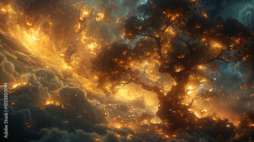 Celestial Tree of Life Radiating Golden Light in Cosmic Clouds