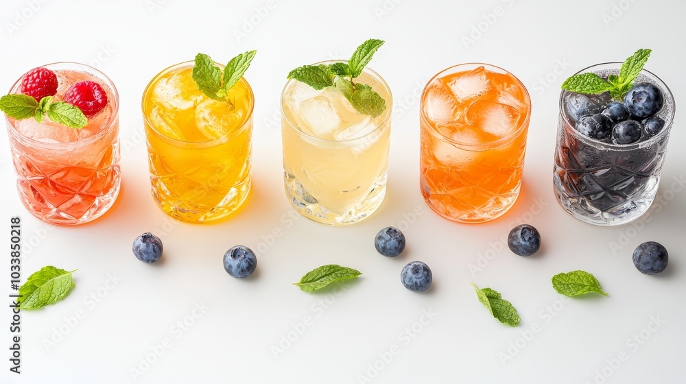 Refreshing selection of summer cocktails with ice and fresh fruits, artistically laid out on a white surface, photographed from above for a clean look Refreshing selection of summer cocktails with ice and fresh fruits, artistically laid out on a white surface, photographed from above for a clean look
