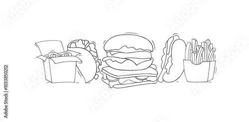 Cartoon banner with fast food. Doodle cute icons - with sandwich, potato hotdog, taco. Hand drawn vector illustration for menu design.