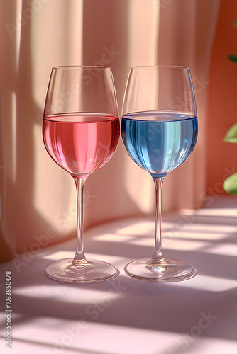 Two glasses of wine on the table, romantic pink and blue toast