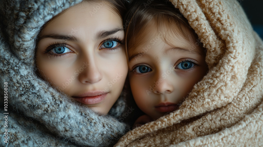 A mother and child huddled together under a blanket in cold weather, symbolizing the vulnerability of families in poverty. Copy space, poverty A mother and child huddled together under a blanket in cold weather, symbolizing the vulnerability of families in poverty. Copy space, poverty