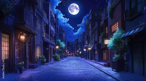 A city street at night with the moon shining above, streetlights casting a warm glow, and the moonlight adding a silver tint. --chaos