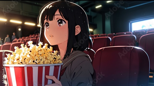 Surprised anime girl watching a movie while carrying popcorn.