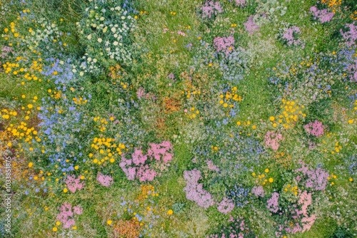 A mesmerizing aerial shot of a meadow filled with diverse wildflowers in an array of colors, showcasing nature's artistry and capturing a sense of joy and vitality.