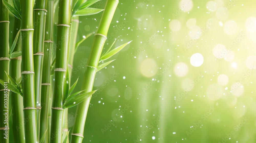 Obraz premium Softly lit bamboo stems, vibrant green against a beautifully blurred backdrop, creating an elegant and serene natural scene with space for text
