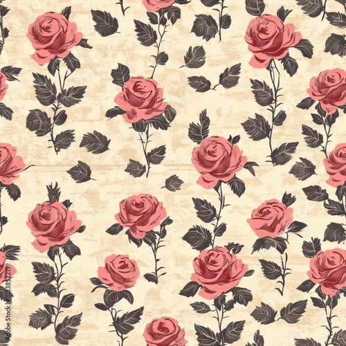 Vintage Damask rose pattern on vintage beige fabric background, seamless repeating pattern, textile print style, minimal, Damask design, seamless rose pattern, home decor, textile