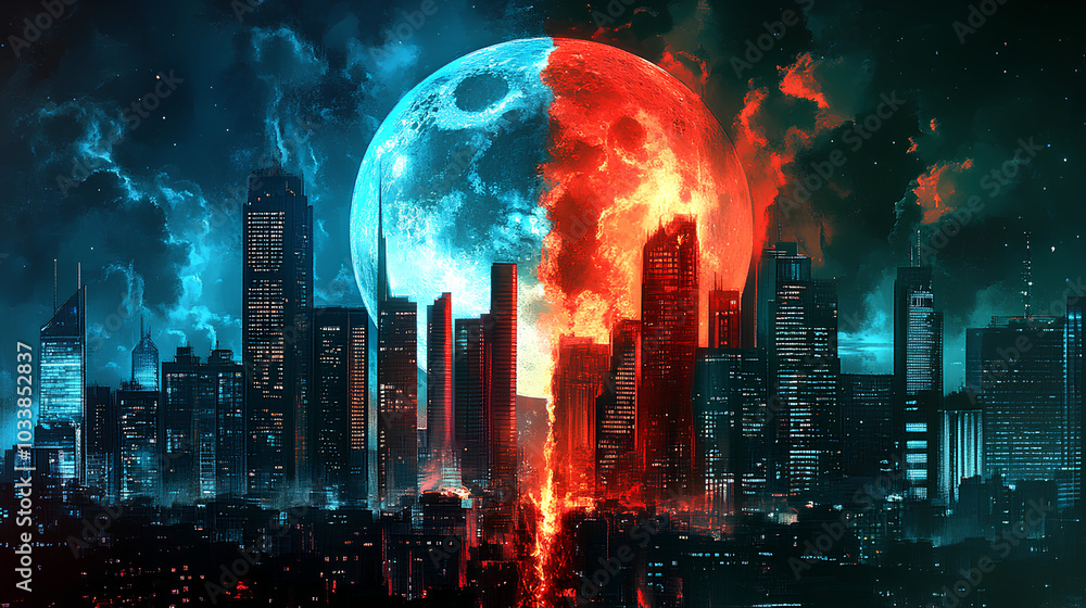 Fototapeta premium Wealth and poverty concepts art. Rich and poor. Social contrasts. Socialism and capitalism. Slums versus wealthy city skyline. Futuristic dystopian and cinematic moon. Glowing neon lights