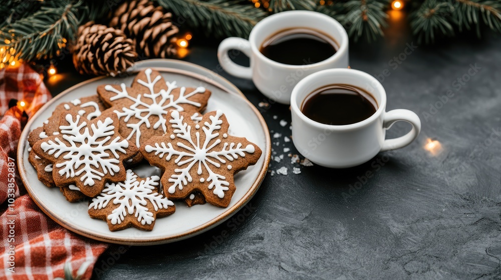 A plate filled with freshly baked gingerbread cookies sits on a festive table, surrounded by twinkling lights and seasonal decorations, inviting holiday cheer and warmth A plate filled with freshly baked gingerbread cookies sits on a festive table, surrounded by twinkling lights and seasonal decorations, inviting holiday cheer and warmth