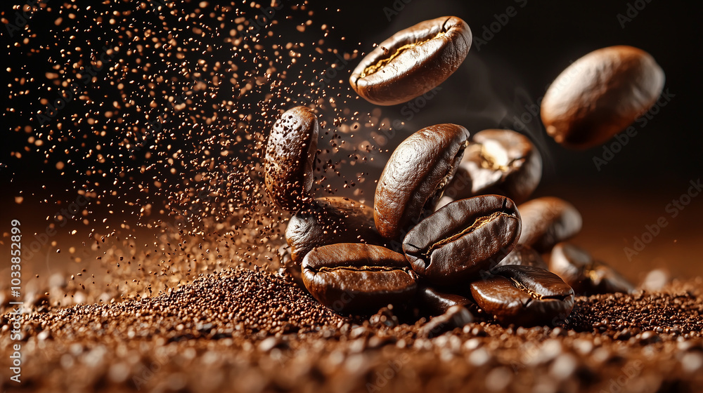 Flying Coffee Beans on Dark Brown Background with Copy Space Flying Coffee Beans on Dark Brown Background with Copy Space