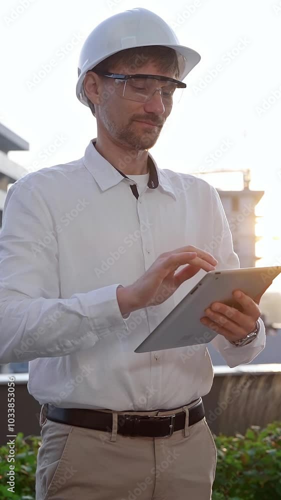 Man a construction engineer wearing white shirt and hard hat is using digital tablet while inspecting a building site at sunrise, front and vertical view . Architecture concept Man a construction engineer wearing white shirt and hard hat is using digital tablet while inspecting a building site at sunrise, front and vertical view . Architecture concept