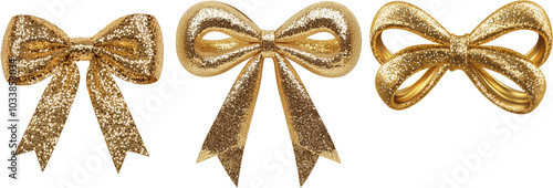 gold glitter gift bow ribbon isolated white background