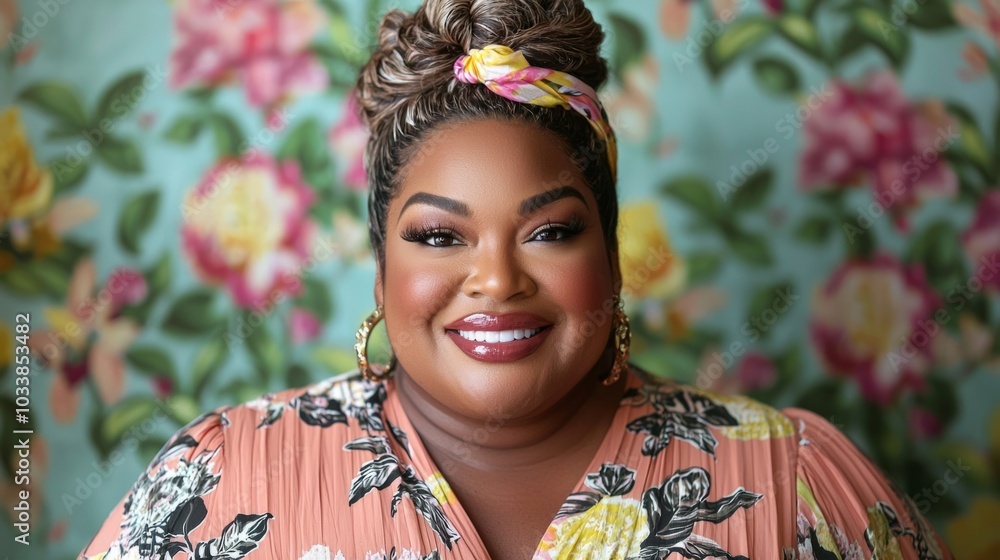 Obraz premium middle age woman plus size smiling on blue background